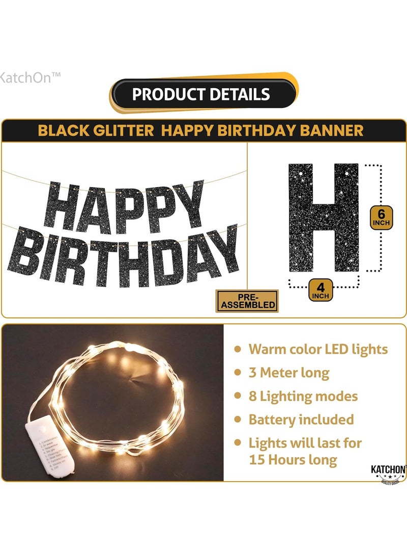 KATCHON Glitter Black Happy Birthday Banner Light Up - Prestrung, 10 Feet | Black Happy Birthday Led Sign, | Light Up happy Birthday Sign for happy birthday Decorations - Image 1